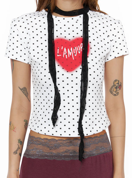 LEWKIN Sheer Floral Pattern Scarf CL503 Black close-up front crop view on model wearing white polka dot tee with black lace scarf tied at neckline