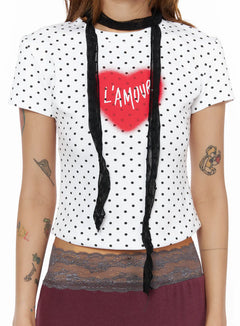 LEWKIN Sheer Floral Pattern Scarf CL503 Black close-up front crop view on model wearing white polka dot tee with black lace scarf tied at neckline