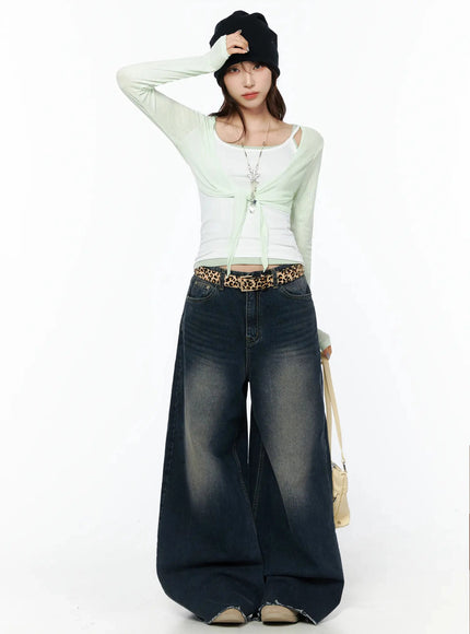 Sheer Front-Tie Wrap Cardigan IU524 mint green front shot on model layered over white tank with wide-leg jeans and black beanie