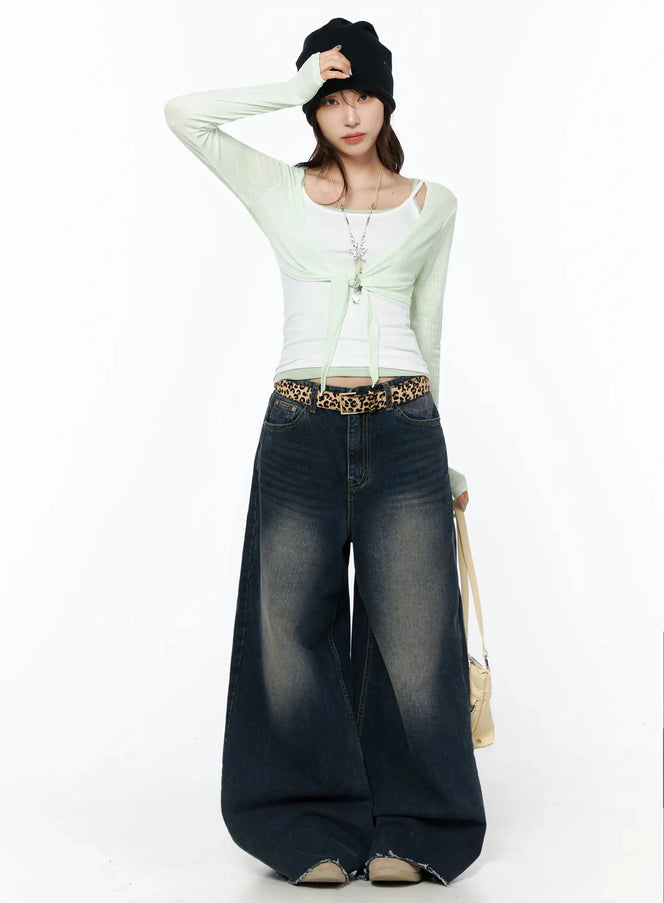 Sheer Front-Tie Wrap Cardigan IU524 mint green front shot on model layered over white tank with wide-leg jeans and black beanie