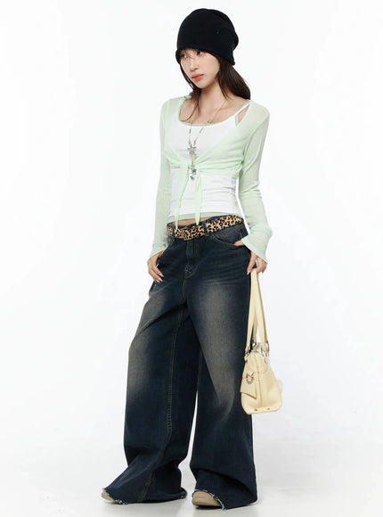 Sheer Front-Tie Wrap Cardigan IU524 in Light green, size S/M