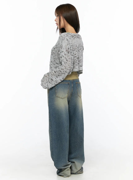 Sheer Knit Cardigan CL517 Gray back three-quarter shot on model showing rear silhouette, voluminous sleeves and cropped hem of speckled knit