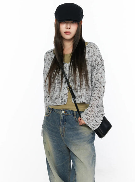 LEWKIN Sheer Knit Cardigan CL517 Gray S/M front shot on model wearing black cap, layered over olive tank with wide-leg jeans and crossbody bag