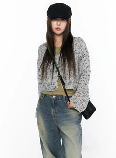 LEWKIN Sheer Knit Cardigan CL517 Gray S/M front shot on model wearing black cap, layered over olive tank with wide-leg jeans and crossbody bag