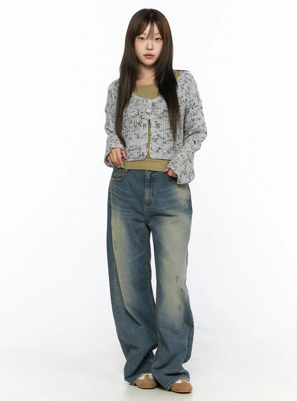 Sheer Knit Cardigan CL517 Gray full-body front shot on model standing straight, cropped open knit over olive tank layered with wide-leg jeans