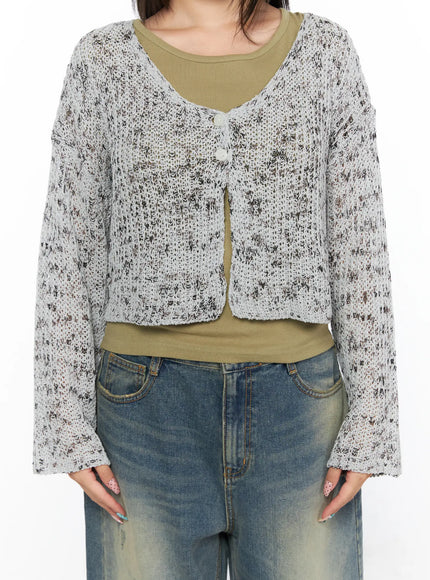Sheer Knit Cardigan CL517 Gray close-up front detail shot on model showing two-button closure, open-weave speckled texture and flared cuffs