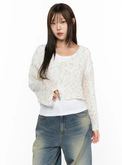 Sheer Knit Cardigan CL517 in Light beige, size S/M