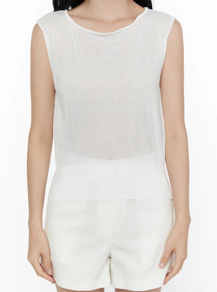 Sheer Knit Sleeveless Top CL521 White cropped front shot on model showing round neckline sheer lightweight knit fabric and ribbed hem detail