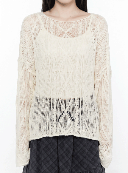 Sheer Knit Top IL522 Light beige front close-up on model showing open-weave diamond lace knit texture with round neckline and long sleeves over dark skirt