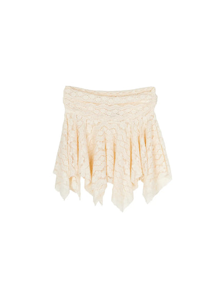 Sheer Lace Asymmetric Mini Skirt CL523 in Light beige, size S/M