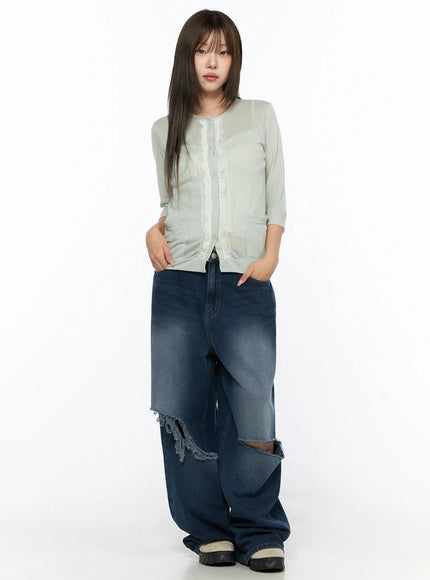 Sheer Lace Detail Cardigan CL514 Light green full-body front model shot size S/M with lace trim paired with ripped wide-leg jeans and chunky shoes