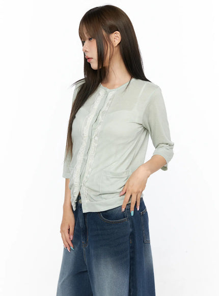 Sheer Lace Detail Cardigan CL514 Light green close-up front model shot size S/M highlighting lace ruffle trim button detail and side patch pockets