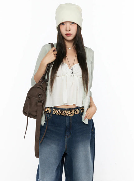LEWKIN Sheer Lace Detail Cardigan CL514 Light green front model shot styled open over white cami top with wide-leg jeans and beanie hat