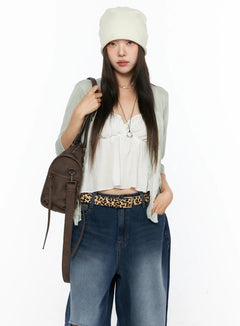 LEWKIN Sheer Lace Detail Cardigan CL514 Light green front model shot styled open over white cami top with wide-leg jeans and beanie hat