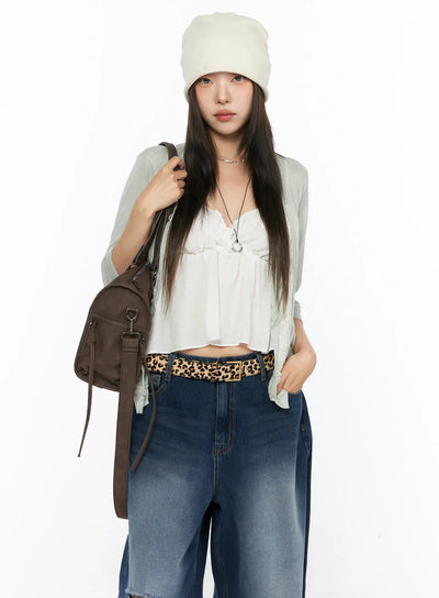 LEWKIN Sheer Lace Detail Cardigan CL514 Light green front model shot styled open over white cami top with wide-leg jeans and beanie hat