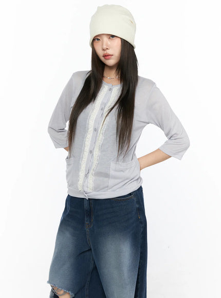 Sheer Lace Detail Cardigan CL514 in Light purple, size S/M