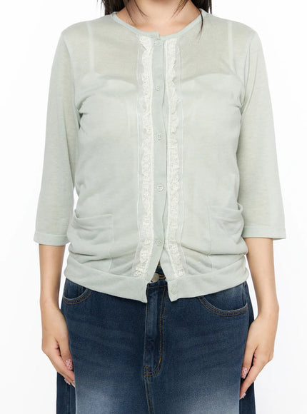 Sheer Lace Detail Cardigan CL514 Light green close-up front torso shot showing white lace trim button placket semi-sheer knit fabric and patch pockets