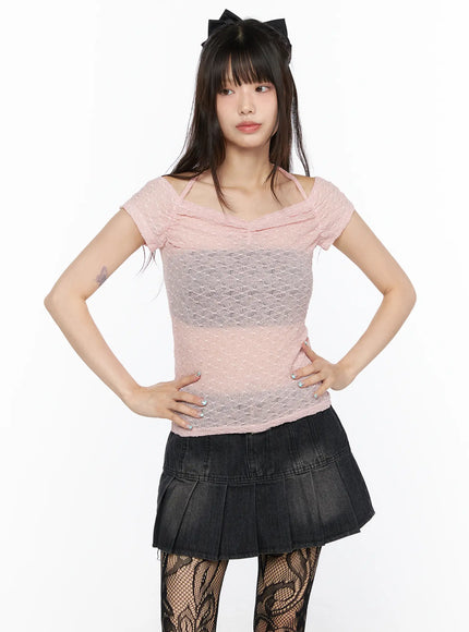 Sheer Lace Halter Off-Shoulder Tee CL522 in Light pink, size S/M
