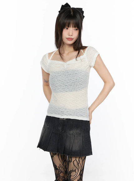 Sheer Lace Halter Off-Shoulder Tee CL522 in White, size S/M