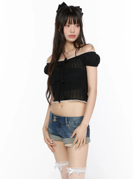 Sheer Lace Puff Sleeve Blouse CL523 in Black, size S/M