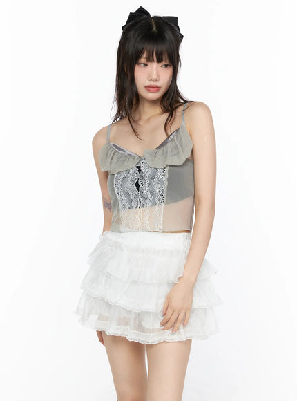 Sheer Lace Ribbon Tank CL522 in Light beige, size S/M
