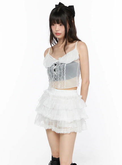 Sheer Lace Ribbon Tank CL522 in White, size S/M