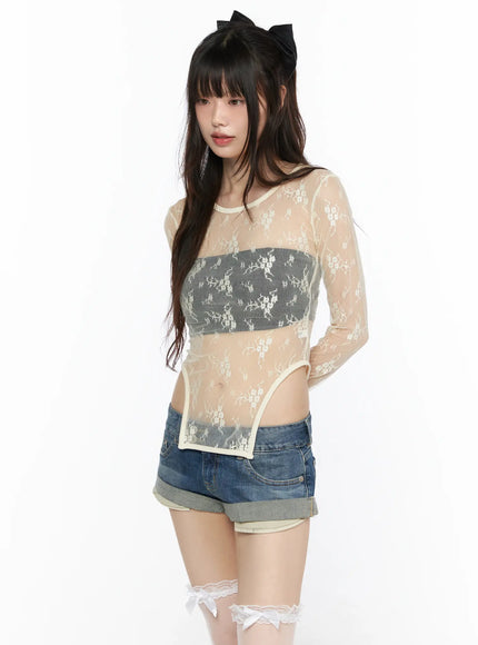 Sheer Lace Slit Long Sleeve Tee CL522 in Light beige, size S/M