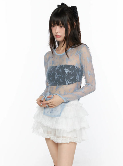 Sheer Lace Slit Long Sleeve Tee CL522 in Light blue, size S/M