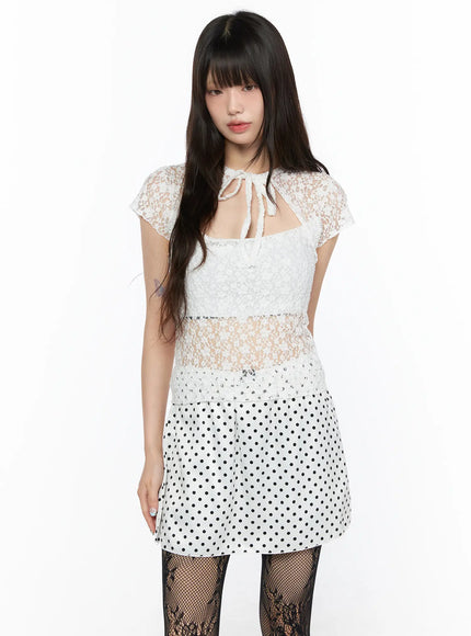 Sheer Lace Slit Tee CL522 in White, size S/M