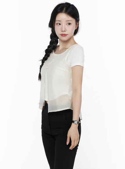 Sheer Layered Blouse IU525 in Light beige, size S/M