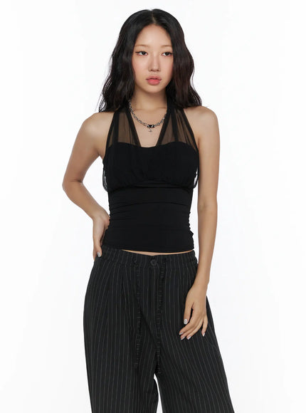 Sheer Layered Halter Top CL513 in Black, size S/M