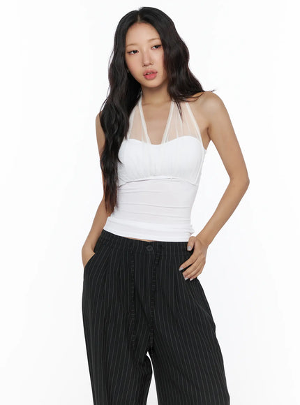 Sheer Layered Halter Top CL513 White close-up front detail shot on model showing sweetheart bust, sheer mesh halter straps and horizontal ruched waistband