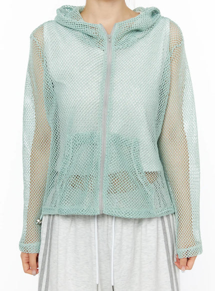 Sheer Mesh Hoodie CL501 Mint close-up front model shot zip and kangaroo pocket detail sheer open-knit mint mesh fabric with silver zipper