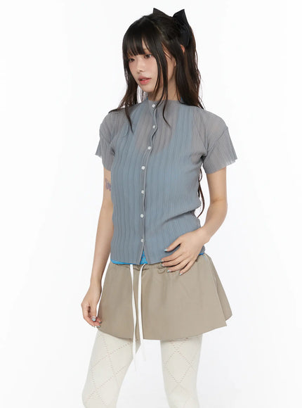 Sheer Pleated Short Sleeve Cardigan CL523 in Gray, size S/M