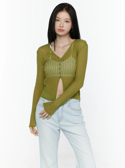 Sheer Ribbed Cardigan IL506 in Dark green, size S/M