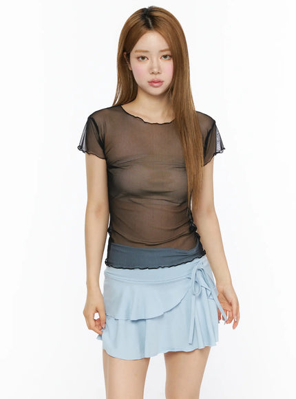 Sheer Short Sleeve Top CL501 in Black, size S/M