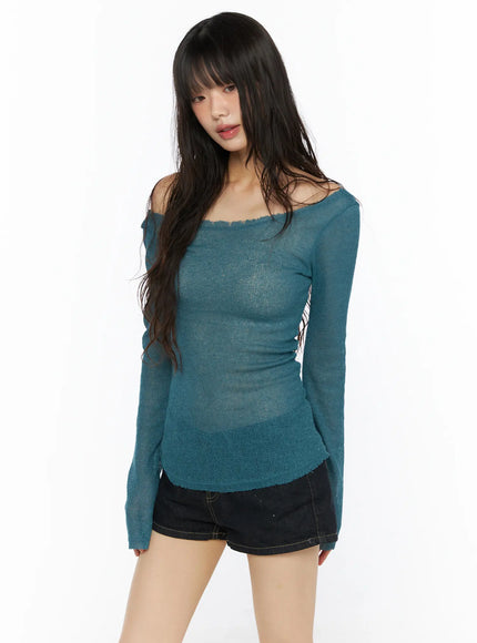 Sheer Slim U-Neck Top CU530 in Blue, size S/M