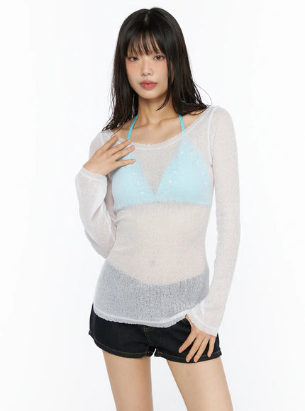 Sheer Slim U-Neck Top CU530 White front close-up shot model hand on chest showing sheer open-knit texture U-neckline and layered blue bralette visible through fabric