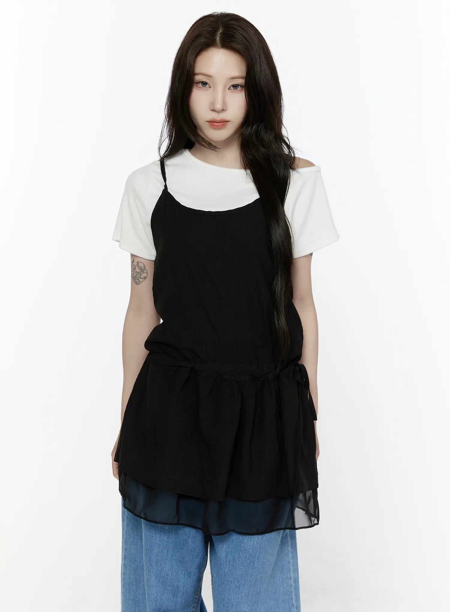 Sheer Strap Layered Dress IL521 Black front view on model layered over white crew-neck tee, peplum drawstring waist, sheer organza double-layer hem, styled with blue jeans