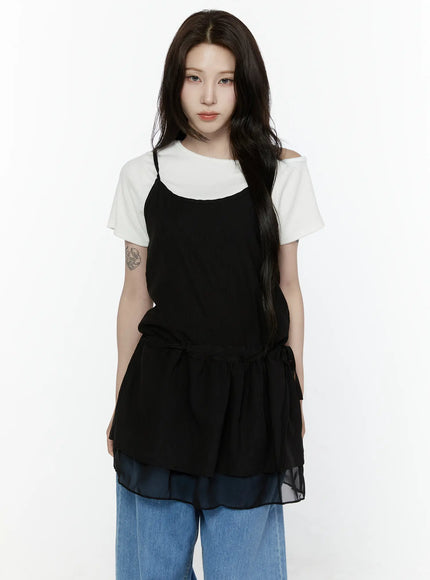 Sheer Strap Layered Dress IL521 Black front view on model layered over white crew-neck tee, peplum drawstring waist, sheer organza double-layer hem, styled with blue jeans