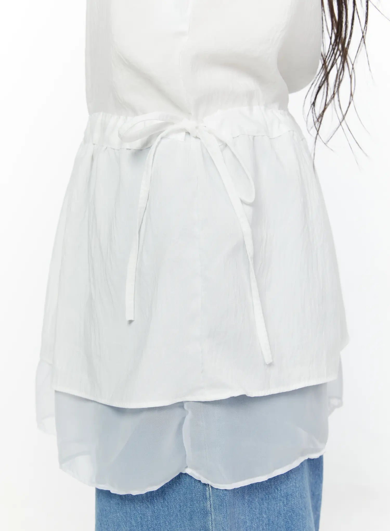 Sheer Strap Layered Dress IL521 White close-up detail of elasticated drawstring waist tie, gathered peplum ruffle, and sheer organza double-layer hem texture