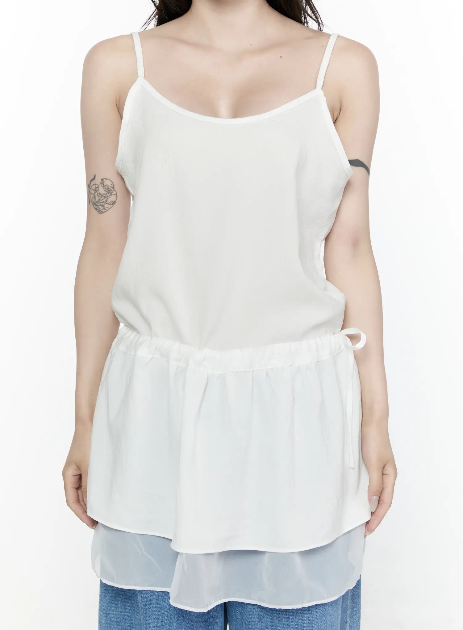 Sheer Strap Layered Dress IL521 White close-up front view on model showing scoop neckline, thin straps, elasticated waist drawstring, and layered sheer hem detail