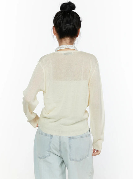 Sheer V-Neck Cardigan CL521 Light beige back shot on model showing semi-sheer lightweight knit construction long sleeves and ribbed hem over light wash jeans