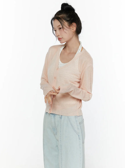 Sheer V-Neck Cardigan CL521 in Light pink, size S/M
