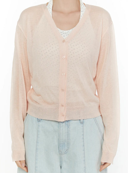 Sheer V-Neck Cardigan CL521 Pink close-up front shot on model showing V-neckline sheer pointelle knit texture button placket ribbed cuffs and hem over floral tank