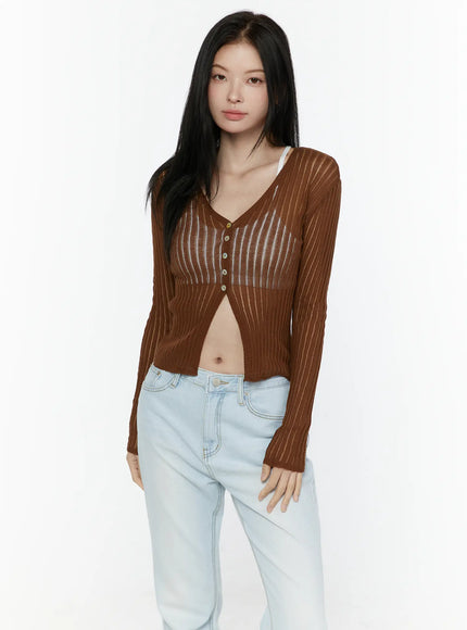 Sheer V-Neck Cardigan IL506 in Dark brown, size S/M