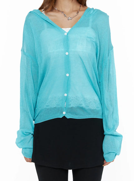 Sheered Hooded Cardigan CL503 Blue close-up front shot on model, V-neck button placket detail, semi-sheer turquoise knit fabric, white lace inner top visible beneath