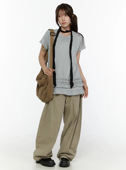 Shirred Balloon Cotton Trousers CL507 Dark green full-body styling shot on female model with gray ruffle top, brown crossbody bag, and black loafers