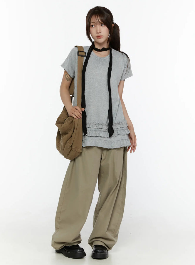 Shirred Balloon Cotton Trousers CL507 Dark green full-body styling shot on female model with gray ruffle top, brown crossbody bag, and black loafers