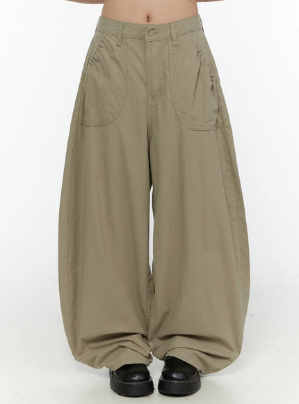LEWKIN Shirred Balloon Cotton Trousers CL507 Dark green front view on model wearing black loafers, cropped waist-down shot showing balloon silhouette